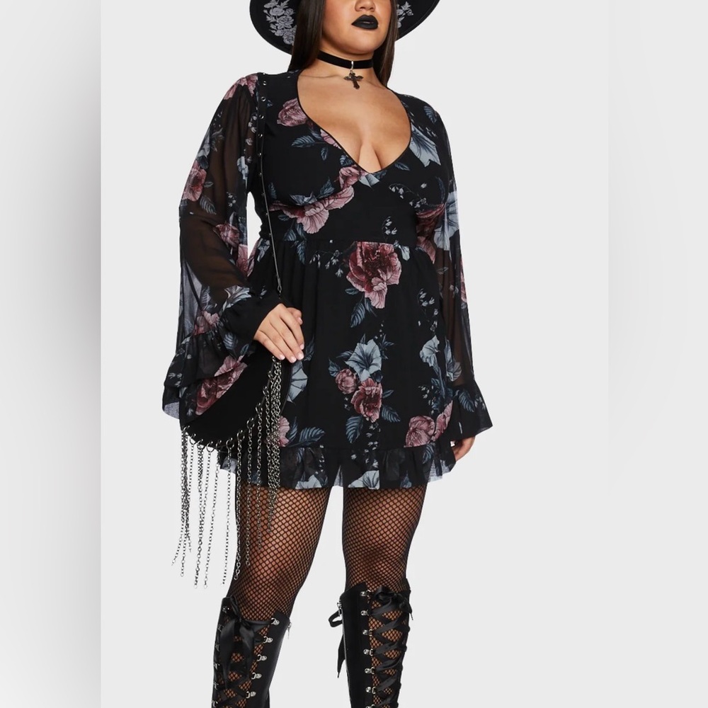 Widow black Floral whimsigoth Dress with Sheer bell Sleeves MED